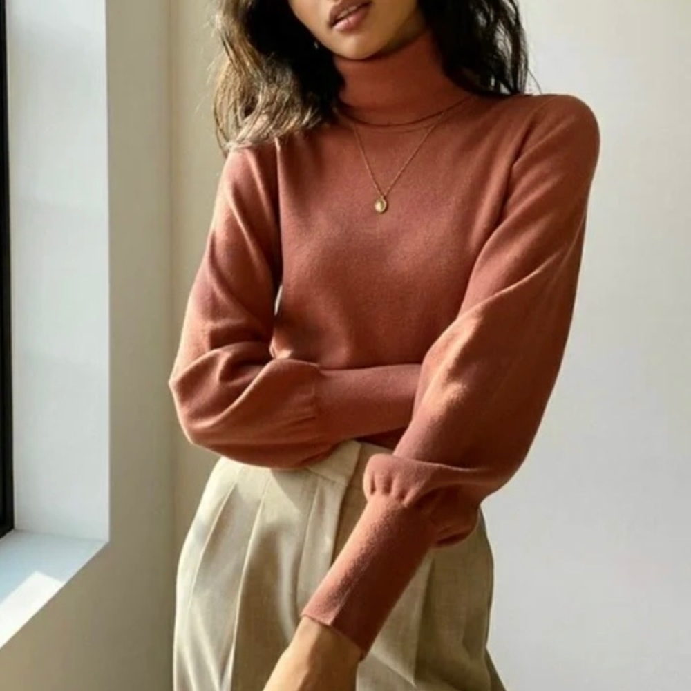 Wilfred Rebecca Cropped Turtleneck Sweater in Brown size Medium Merino Wool